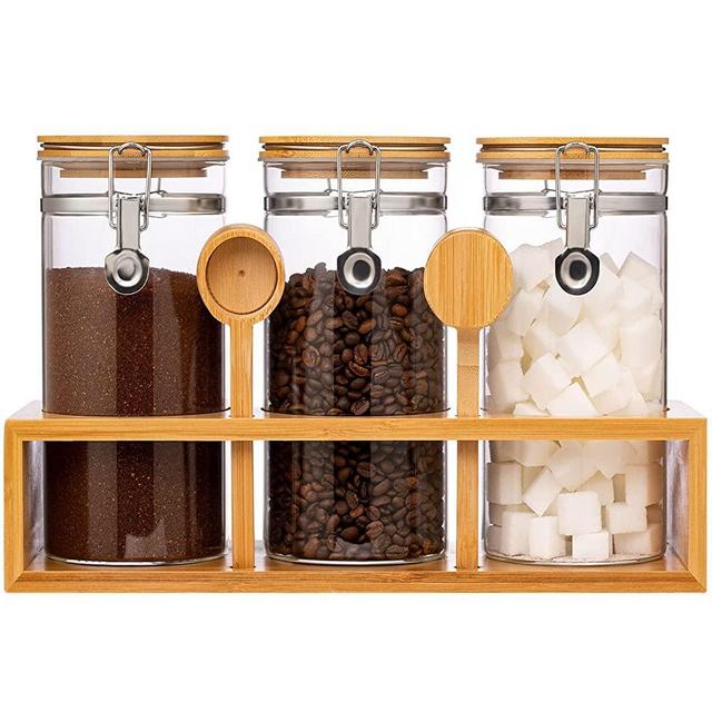 Yangbaga Glass Coffee Containers with Shelf, 3 x 45 FLOZ Coffee Bean Storage with Airtight Locking Clamp and Bamboo Spoon, Large Capacity Food Storage Jar for Kitchen