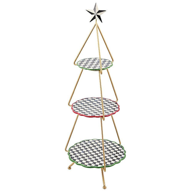 MACKENZIE-CHILDS Ceramic Tiered Plate Stand, Three-Tiered Serving Tray, Party Food Display, Check It Out Tree