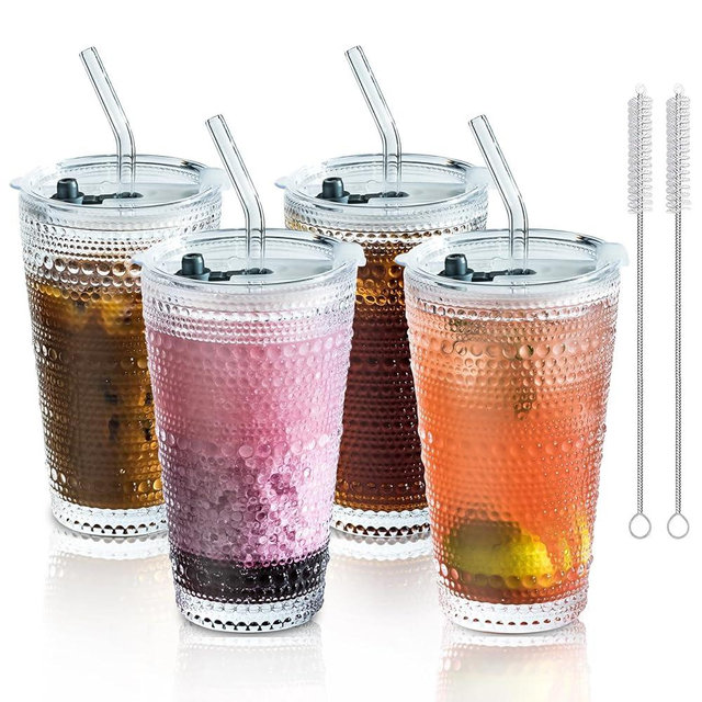 KEMORELA Hobnail Glass Cups with Lids and Straws - 4PCS Drinking Glasses Set - Hobnail Drinking Glasses for Whiskey, Cocktails, and More - Durable Old Fashioned Glassware for Home Use