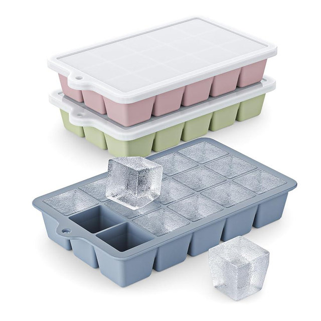 Silicone Ice Cube Tray 3 Pack - EASY RELEASE ice cube tray with lid, BPA Free Ice Cubes Trays for Freezer,ice cube mold for Cocktail,Whiskey (Blue+Pink+Green)