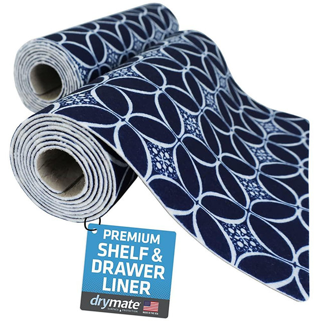Drymate Premium Luxury Shelf & Drawer Liner, Thick Cushioned Fabric, Non-Adhesive, Absorbent, Waterproof, Slip-Resistant, Liners for Kitchen Cabinets, Cupboards (USA Made)(12”x59”)(2-Pack)(Indigo)