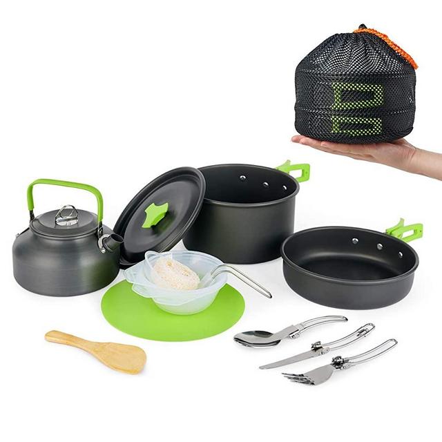 MEETSUN Camping Cookware Portable Outside Camping Cooking Set Mess Kit 12 Piece Cookset with Flat-Bottomed Non-Stick Pot Kettle Camping Pot Chopping Board Folding Tableware for Camping Hiking Picnic