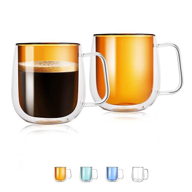Etermeta Double Wall Coffee Mug with Handle, Colored Insulated Glass Mug, Glass Tea Mugs for Americano Cups, Latte Cups, Beverage Cups, Cappuccinos Cups, Espresso Cups (12 oz)
