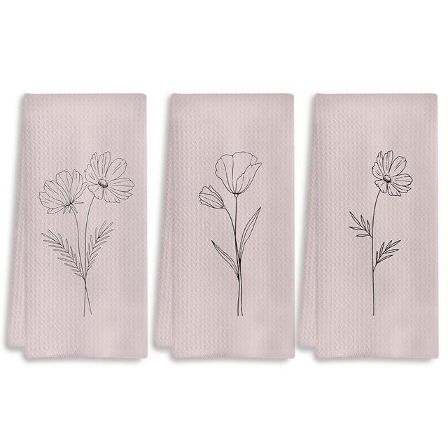 COWEB Boho Kitchen Towels Set of 3 - Abstract Boho Pink Floral Decorative Hand Towels for Bathroom, Mid Century Modern Boho Dish Towels for Kitchen, Boho Bathroom Kitchen Decor, 16x24 Inches