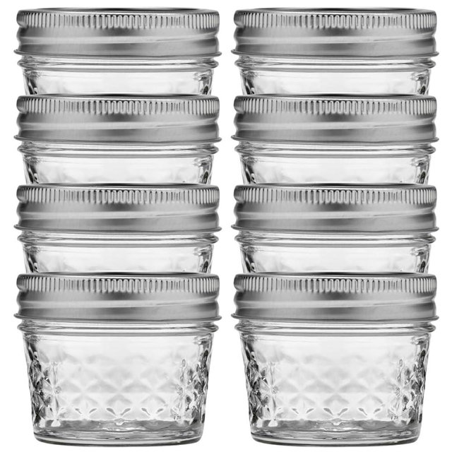 Ball Wide Mouth Quilted Crystal Jelly Jars with Lids and Bands, Used for Canning, Pickling, Juice, Jam, Jelly, Quarter Pint Size (4 Ounce (Pack of 8))