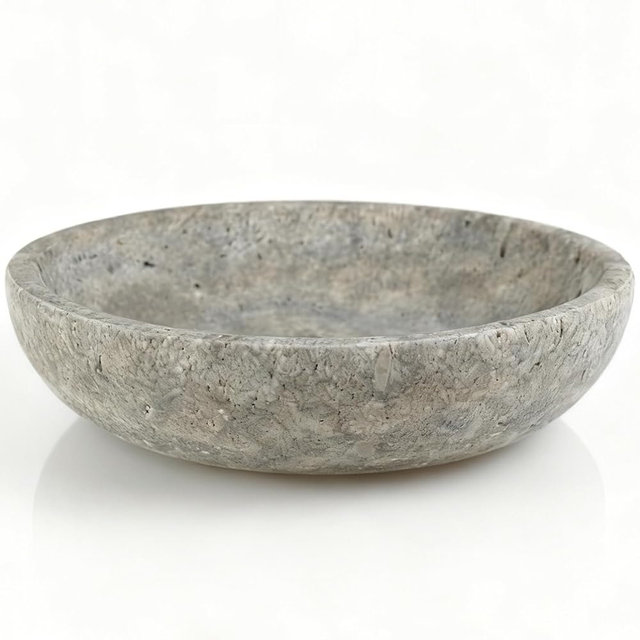 Silver Gray Travertine Bowl, 7.8" Modern Natural Stone Centerpiece for Industrial Home Decor, Handmade Fruit Bowl, Futuristic Tabletop Sculpture,Kitchen Counter, Entryway & Office Desk Organizer