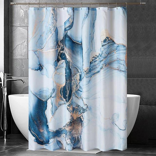 YOSTEV Blue Gold Marble Shower Curtain Set, Abstract Granite Pattern Shower Curtains for Bathroom Décor, Luxury Modern Waterproof Bath Accessories with 12 Metal Hooks, 72 x 72