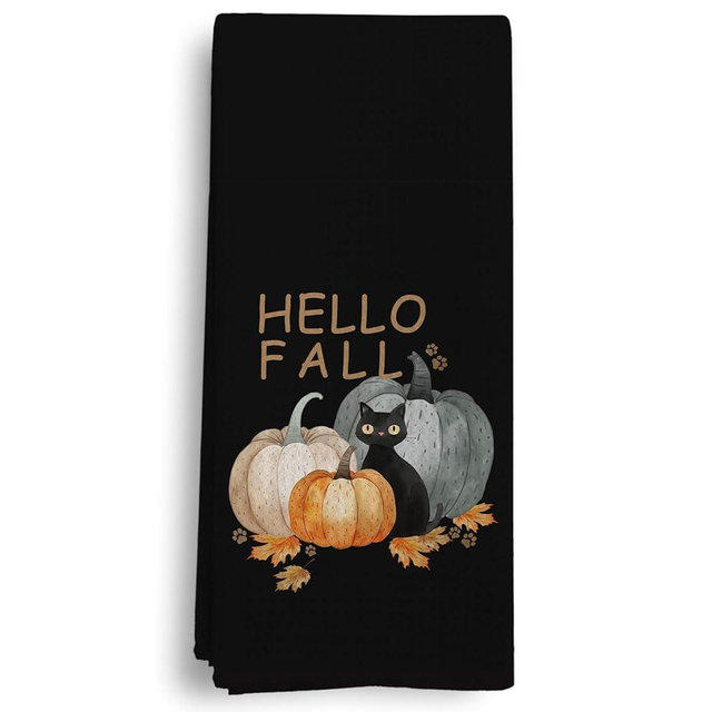 Qeheb Hallo Fall Kitchen Towels, Black Cat Kitchen Towels, Fall Pumpkin Decorative Kitchen Towels, Fall Cat Decorations for Home, Autunm Leaves Thanksgiving Hand Dish Tea Towels for Kitchen 16x24in