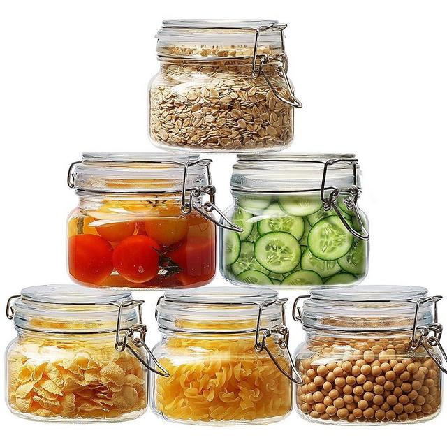 HomArtist Square Glass Jars with Airtight Lid 17 FL OZ [Set of 6],Glass Canisters with Clamp Lids,Glass Food Storage Jars for Coffee,Sugar, Pasta, Cereal, Best for Canning, Kitchen & Pantry Storage