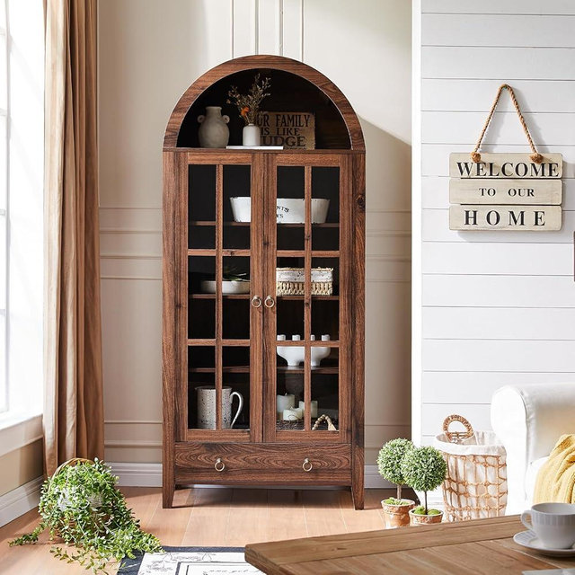 Farmhouse Arched Cabinet with Glass Doors, Wood Display Cabinet with Drawer and Adjustable Shelves, 71” Kitchen Pantry Tall Bookshelf Modern China Cabinet for Living Room,Office (Rustic Brown)