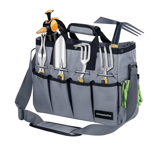 Housolution Gardening Tool Bag, Garden Tote Storage Bag with Pockets & Long Adjustable Shoulder Strap, Home Tools Organizer Garden Tool Kit Holder, Standable & Wear-Resistant, 14 Inch, Gray