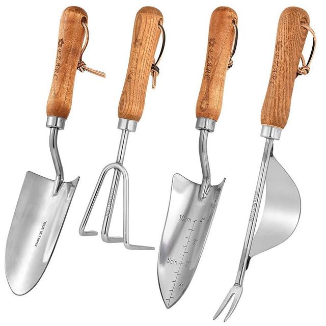 EZARC Garden Tool Set, 4 Piece Stainless Steel Heavy Duty Gardening Kit with Wood Handle, Indoor and Outdoor Hand Planting Kit for Women & Men