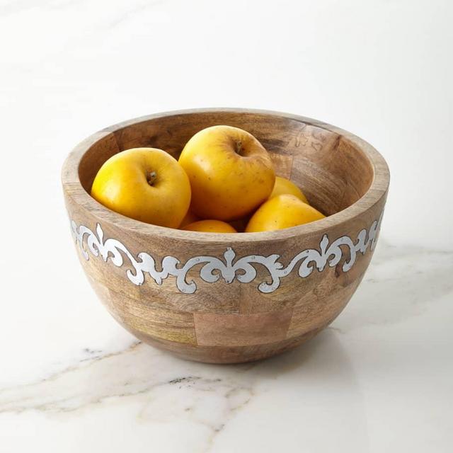 G G CollectionMango Wood Tall Serving Bowl with Metal Inlay