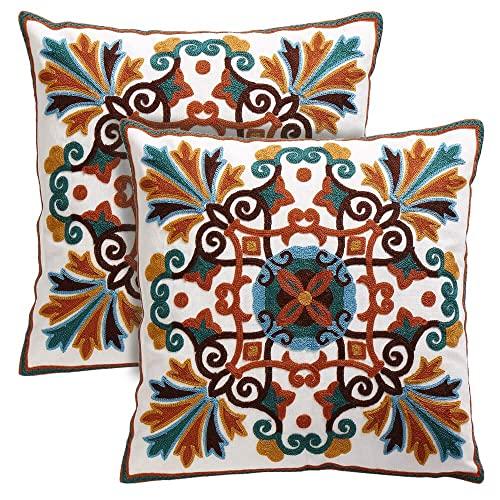 Oneslong Pack of 2 Decorative Throw Pillow Cases Embroidery Couch Pillow Covers 18x18 Inch Bohemia Design Hidden Zipper for Bed Livingroom Sofa Car