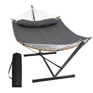 SUNCREAT Double Portable Hammock with Stand, 2 Person Hammock with Curved Spreader Bar, Balance Ropes Included, Dark Gray