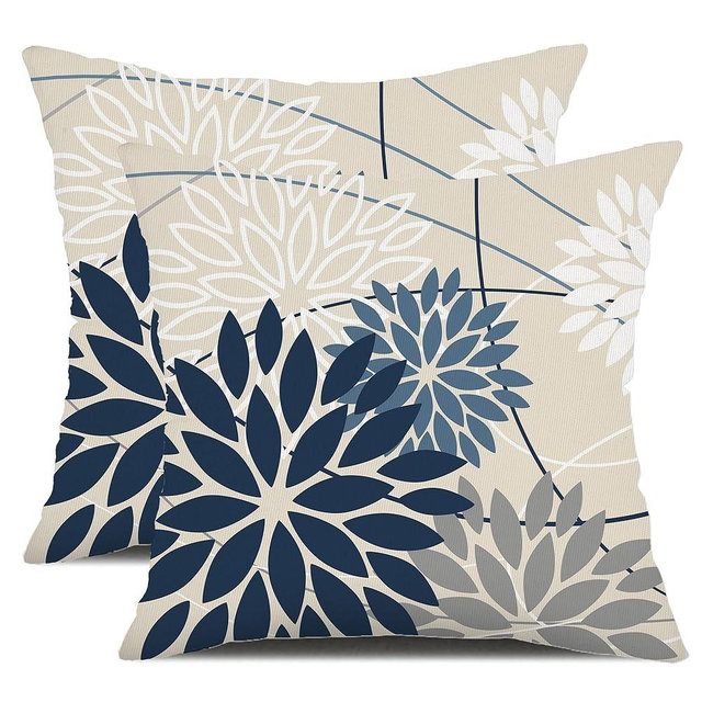 Blue and Gray Floral Pillow Covers 18x18 Set of 2 Outdoor Waterproof White Colored Decorative Throw Pillows Summer Pillowcase Polyester Cushion Case Decor for Couch Patio Funiture Garden Porch 01B