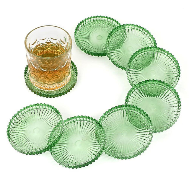 OGANAZI Modern Clear Coaster Set of 8- Glass Coasters for Drinks Crystal Coasters Round Cup Coasters Coffee Table Decor for Office, Kitchen, Bar, Dining Room, Living Room, Patio(Clear Green)
