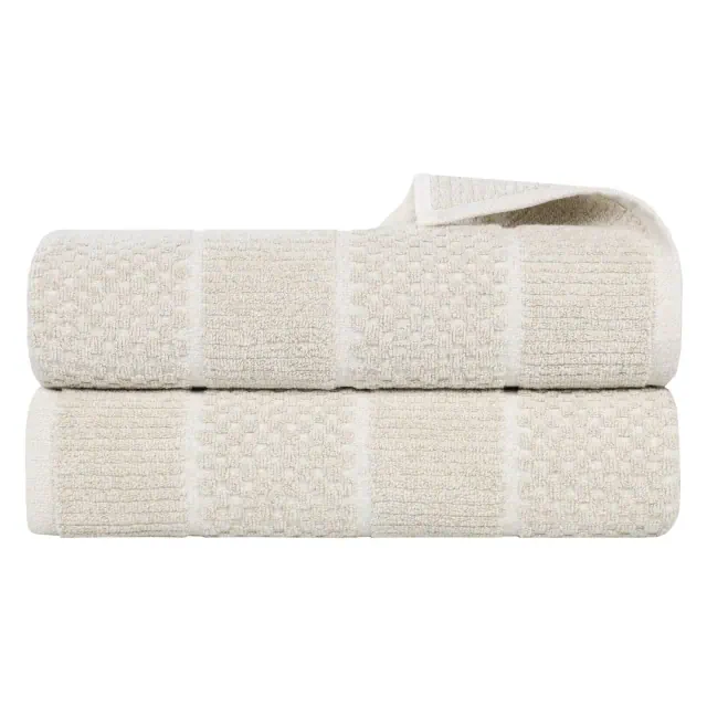 Viscose Cotton Blend Medium Weight Soft Textured Checkered and Ribbed Bath Sheets, Set of 2, Beige - Blue Nile Mills