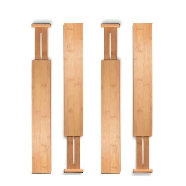 Bambüsi - Bamboo Drawer Divider Set of 4 - Kitchen Drawer Organizer Spring Adjustable & Expendable Drawer Dividers, Made of 100% Organic Bamboo - Best for Kitchen, Dresser, Bedroom, Baby Drawer, Bathroom, Desk