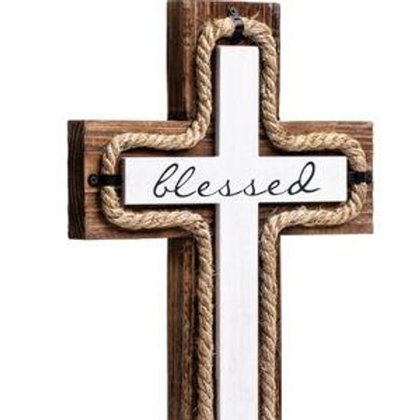 Wall Wooden Cross with Wooden Base Blessed Letter Design Christians Crosses Spiritual Religious Cross Christmas Wall Hanging Handmade Wood Hemp Rope for Church Home Room Décor Wood Crucifix Gift