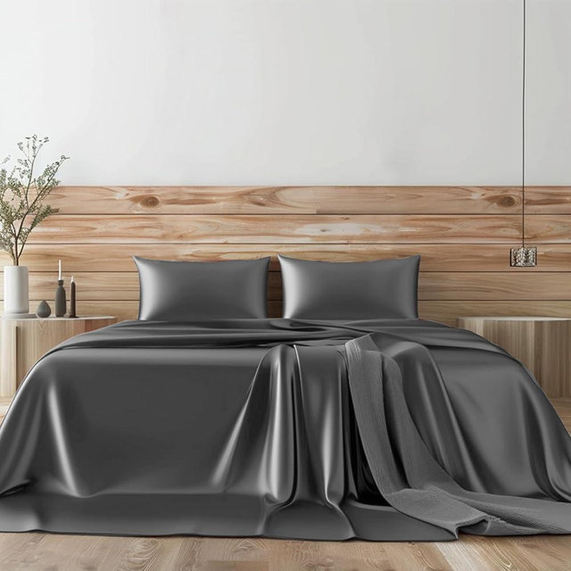 Threadinbox Premium 25 Momme Mulberry Silk Sheet Set, 4-Piece, Seam Center Pattern, Deep Pocket 16–18", Breathable, Smooth & Durable – [Queen], [Dark Grey]