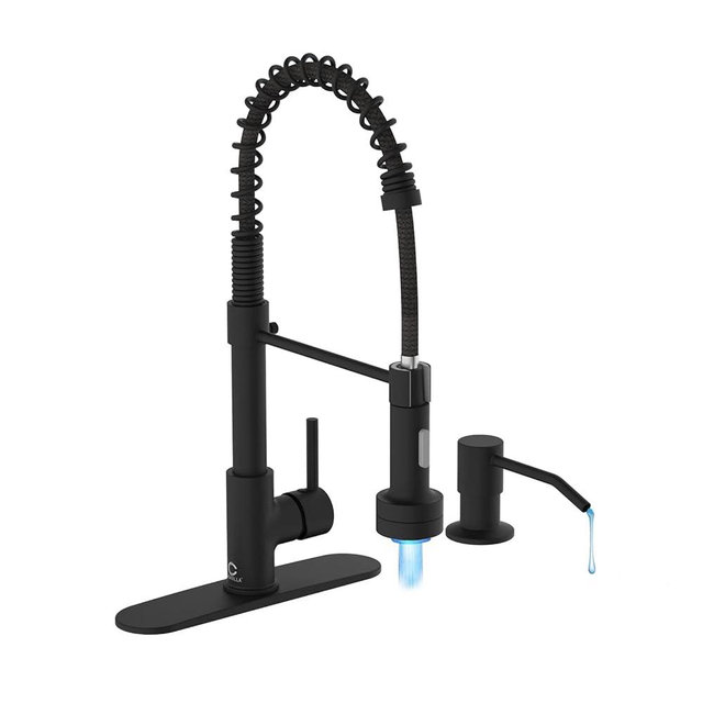 Black Kitchen Faucet with LED light,Kitchen Faucet with Soap Dispenser,Faucet for Kitchen Sink,Single Handle Stainless Steel Kitchen Sink Faucets with Pull Down Sprayer,Camper Farmhouse RV Sink Faucet