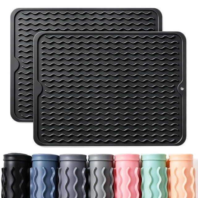 CAKETIME 2 Pack Silicone Dish Drying Mat for Kitchen Counter Under Sink Protector Organizers Cooking Baking for Blackstone Griddle Accessories Coffee Mats Appliance Stone Rack Trays Drain Black