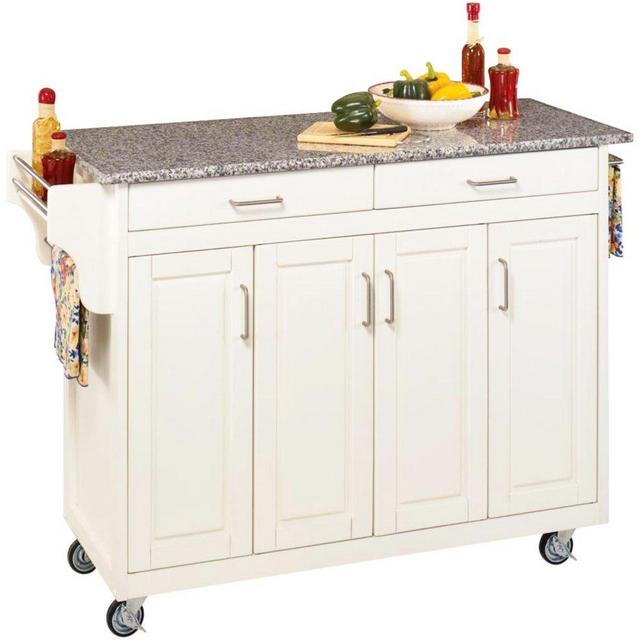 Cabinet Kitchen Cart with Gray Granite Top, White Finish