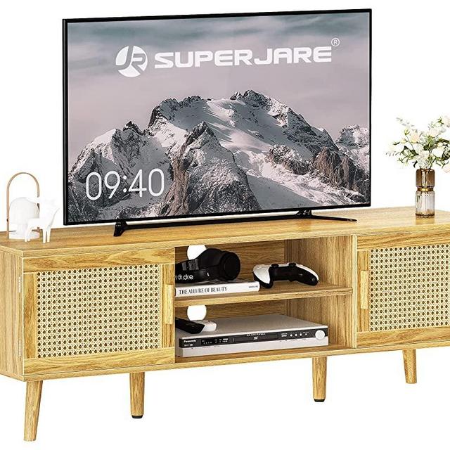 SUPERJARE Boho TV Stand for 55 Inch TV, Rattan TV Console with Adjustable Shelf, 2 PE Rattan Cabinet, Entertainment Center, Media Console, Solid Wood Feet, Cord Holes, for Living Room - Natural