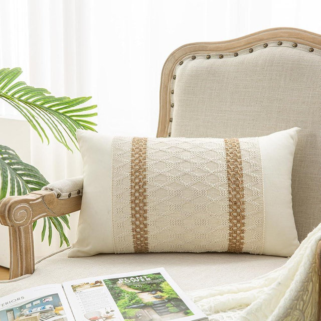Mayler Yee Lumbar Throw Pillow Covers 12 x 20 Inch 1PC for Farmhouse Living Room, Cotton & Burlap Textured Striped Woven Boho Pillow Covers (Beige & Brown, Double Striped)