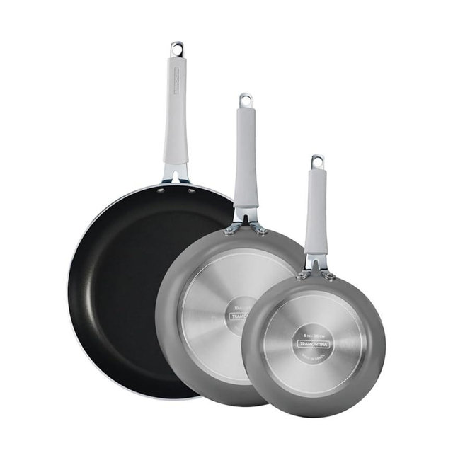 Tramontina 3 Piece Nonstick Fry Pan Set 8" 10" 12", Heavy-gauge aluminum, Porcelain enamel exterior, Reinforced nonstick interior is made without PFOA. Riveted soft-grip silicone handle.