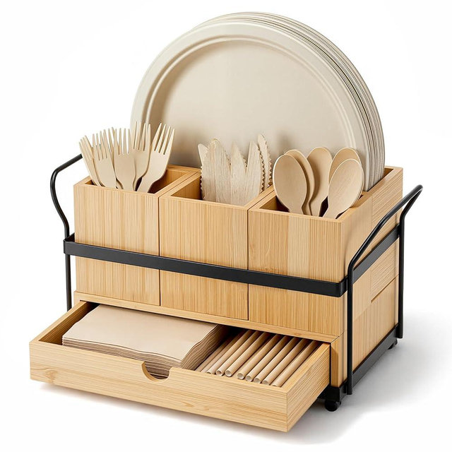 Qunclay Wooden Silverware Caddy with Drawer, Utensil Holder with 4 Compartments and Portable Handle, Removable Cutlery and Flatware Organizer for Forks, Spoons, Napkins, Kitchen Countertop