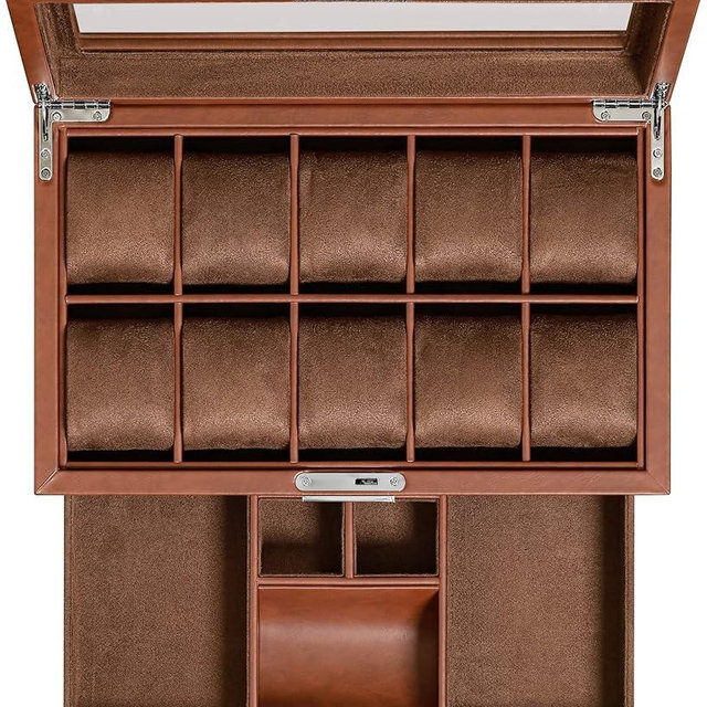 ROTHWELL 10-Slot Watch Box in Leather with Valet Drawer, Luxury Watch Case Display Organizer with Ultra Soft Microsuede Liner, Jewelry and Sunglass Holder With Large Glass top (Tan/Brown)