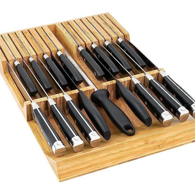 Diosbles In-drawer Bamboo Knife Block, Knife Drawer Organizer Insert, Kitchen counter organization, Knife holder without Knives, fit for 16 knives and 1 Sharpening Steel