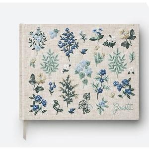 Wildwood Embroidered Fabric Guest Book | Hard Cover Wrapped in Book Cloth & Grosgrain Ribbon Bookmark, (Lay-Flat Binding, 144 Ruled Pages with Metallic Gold Ink, 8" L x 5.75" W)