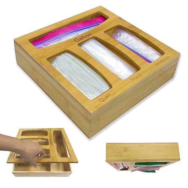 Bamboo Ziplock Bag Storage Organizer and Dispenser for Kitchen Drawer, Removable Magnetic Top Cover, Food Storage Bag Organizer Box Compatible With Gallon, Quart, Sandwich and Snack Bag