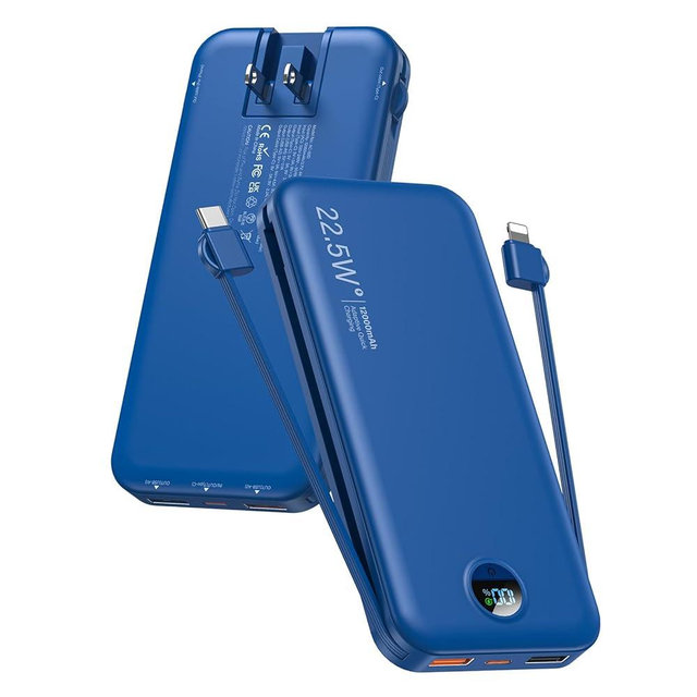 citicr Portable Charger Power Bank, 12000mAh 22.5W USB C Fast Charging with Built-in Cables & Wall Plug, 5-in-1 External Battery Pack with LED Display, Perfect Backup for iPhone, iPad, Samsung Navy