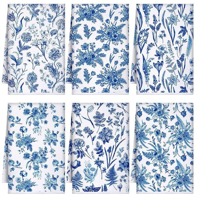 Boyiee 6 Sets Blue and White Kitchen Towels Vintage Wildflower Dish Cloth Absorbent Retro Floral Tea Hand Towels Decorative Set 24"x16" for Farmhouse Kitchen Bathroom Housewarming Gift