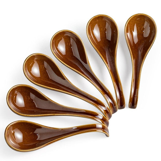 Gomakren Asian Soup Spoons, 6.5 Inch Ceramic Chinese Soup Spoons for Cereal, Ramen, Pho, Miso, Stews, Japanese Kitchen Spoons with Long Handle and Deep Oval Design - Set of 6, Dark Brown