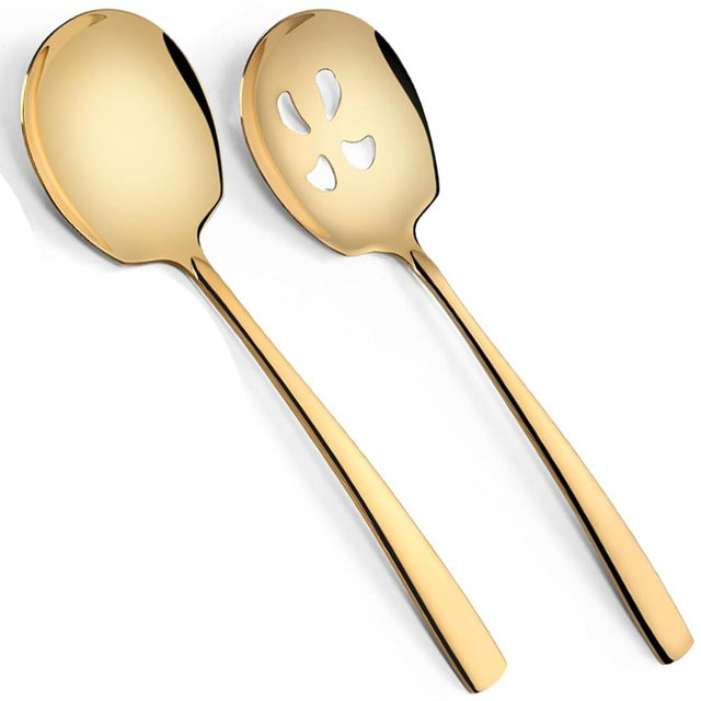 Large Serving Spoons Set Stainless Steel 12 Inch Slotted Spoon and Serving Spoon Serving Utensils for Buffet Catering Dishwasher Safe(2-pieces, Gold)