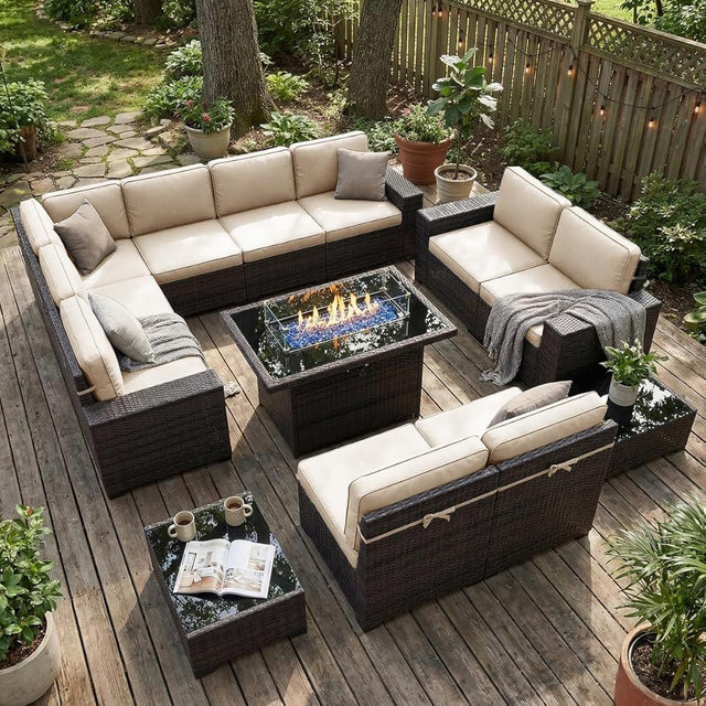 LayinSun 13 Pieces Outdoor Patio Furniture Set with 44" Fire Pit Table Brown Rattan Sectional Sofa Conversation Sets