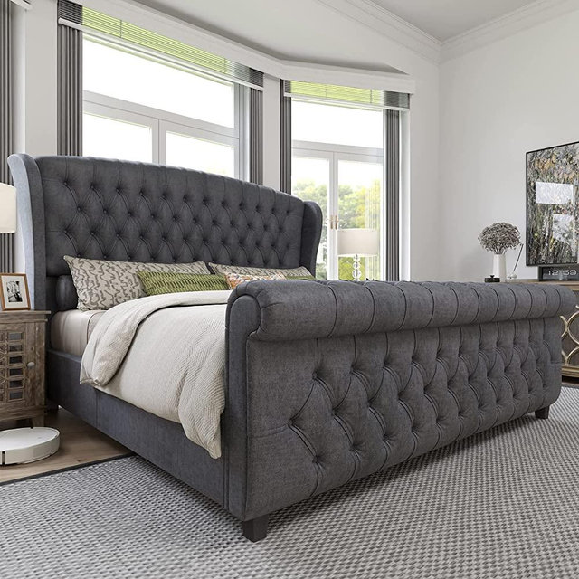 AMERLIFE King Size Platform Bed Frame, Velvet Upholstered Sleigh Bed with Scroll Wingback Headboard & Footboard/Button Tufted/No Box Spring Required/Grey