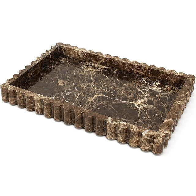 YMXYJM Natural Marble Tray for Bathroom, Real Stone Decorative Vanity Tray with Fluted Edge, Large Marble Serving Storage Tray for Kitchen Counter, Dresser, Home Decor, 11.8" x 8", Dark Brown