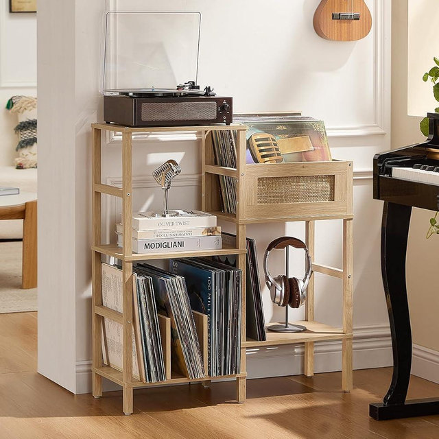 LELELINKY Record Player Stand, Natural Oak Wood Record Holder with Vinyl Storage Holds up to 300+ Albums, 3-Tier Rattan Media Table with Vinyl Display Shelf, Record Storage Cabinet for Living Room