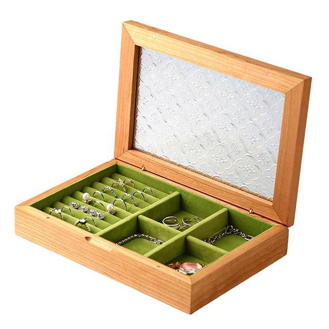 EURIELK Wooden Jewelry Box for Women, Medium Size Natural Solid Cherry Wood Vintage Trinket Organizer with Large Storage, Ring Compartments, Built in Necklace Hooks, Glass Lid, ek06-m-cherry