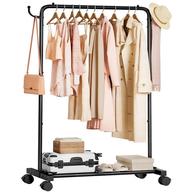 Homde Rolling Clothes Rack with Hooks: Standing Garment Storage for Indoor - Hanging Rod for Bedroom Laundry Room - Coat Dress Organizer on Wheels with luggage shelf (Black, 31.5")