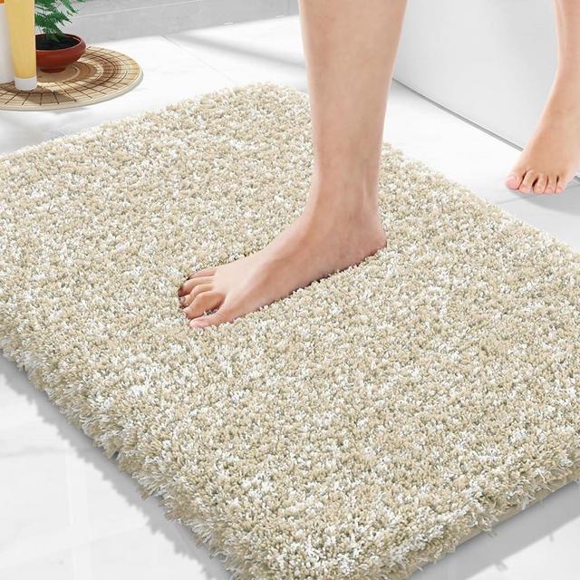 Yimobra Luxury Bathroom Rugs, Fluffy Bath Mats, Non Slip, Water Absorbent Microfiber, Machine Washable, Plush Soft Shower Rugs, Thick Matts for Bathroom Floor & Sink, 17"x 24", Beige and White