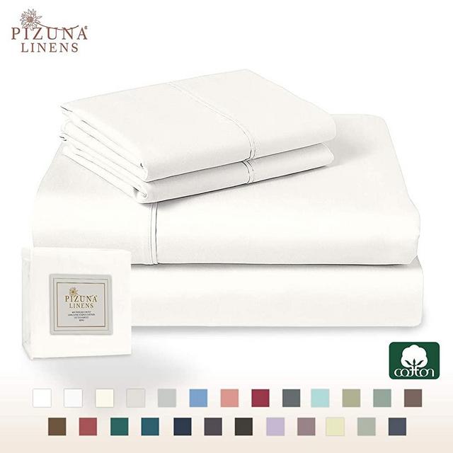 Pizuna 400 Thread Count Cotton Queen Sheets Set Off White, 100% Long Staple Cotton Soft Sateen Bed Sheets with Stylish 4 inch Hem, fit Upto 15 inch Deep Pocket (Off White 100% Cotton Queen-Size Sheet)