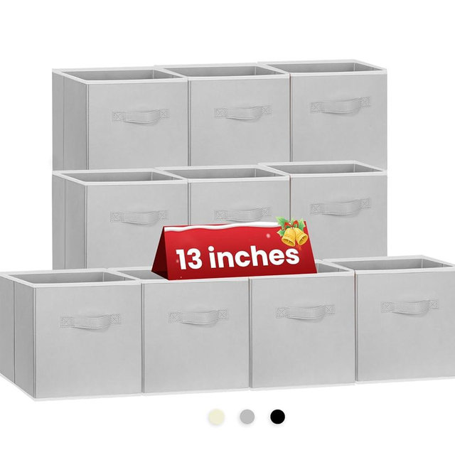 Criusia Large Storage Cubes, 13x13 Cube Storage Bins (Set of 10), Fabric Collapsible Storage Bins with Dual Handles, Foldable Cube Baskets for Shelf, Closet Organizers and Storage Box (Grey)