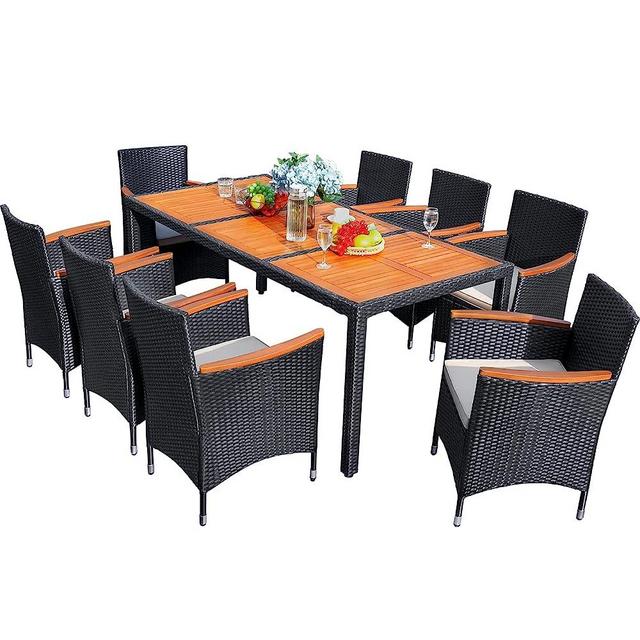 Flamaker 9 Piece Patio Dining Set Outdoor Acacia Wood Table and Chairs with Soft Cushions Wicker Patio Furniture for Deck, Backyard, Garden